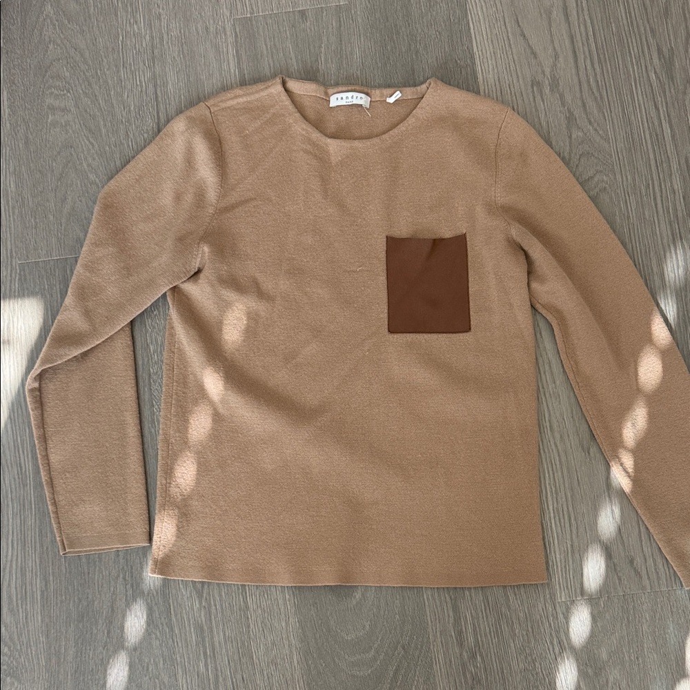 Sandro Tan Crew Neck Sweater with Brown Pocket